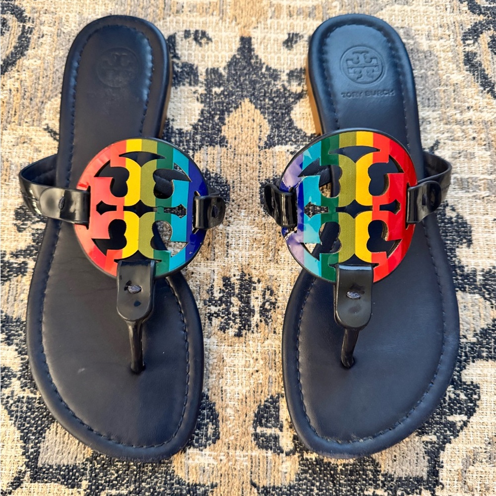 Tory Burch Miller Printed Patent Leather Bright Rainbow Royal Blue Sandals